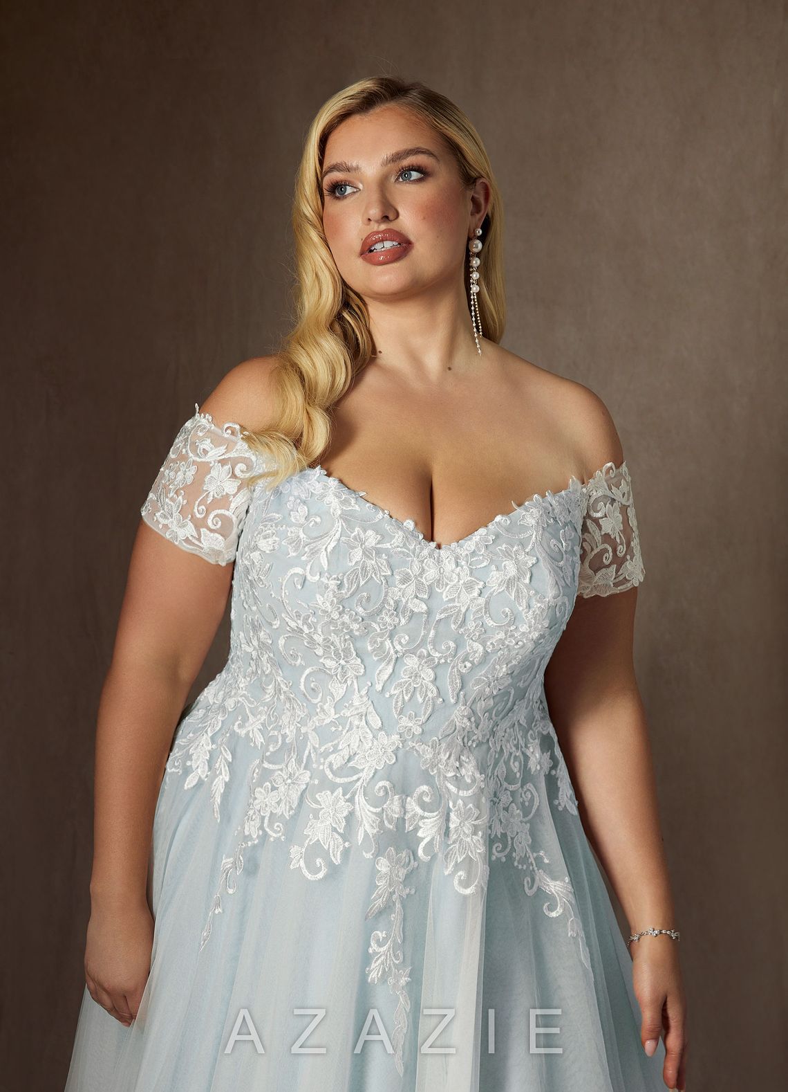 Azazie Rowe Wedding Dress Cloudy Blue Ball-Gown Off the Shoulder Tulle Dress