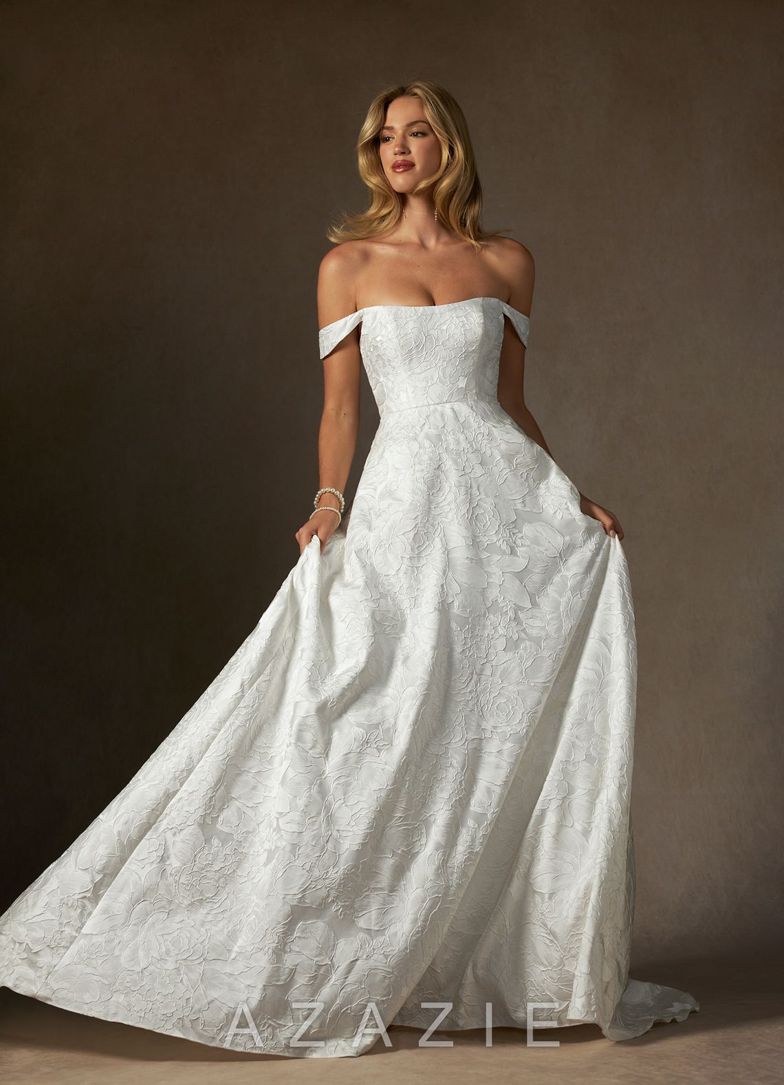 Azazie Amaya Antique White Ball-Gown Strapless Floral Jacquard Dress antique_white