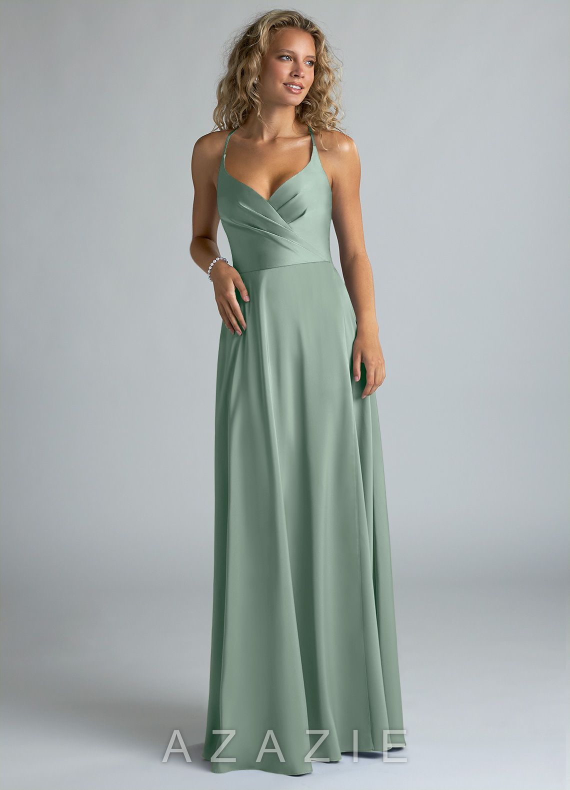 Azazie Davis Agave A-Line Pleated Stretch Satin Dress agave