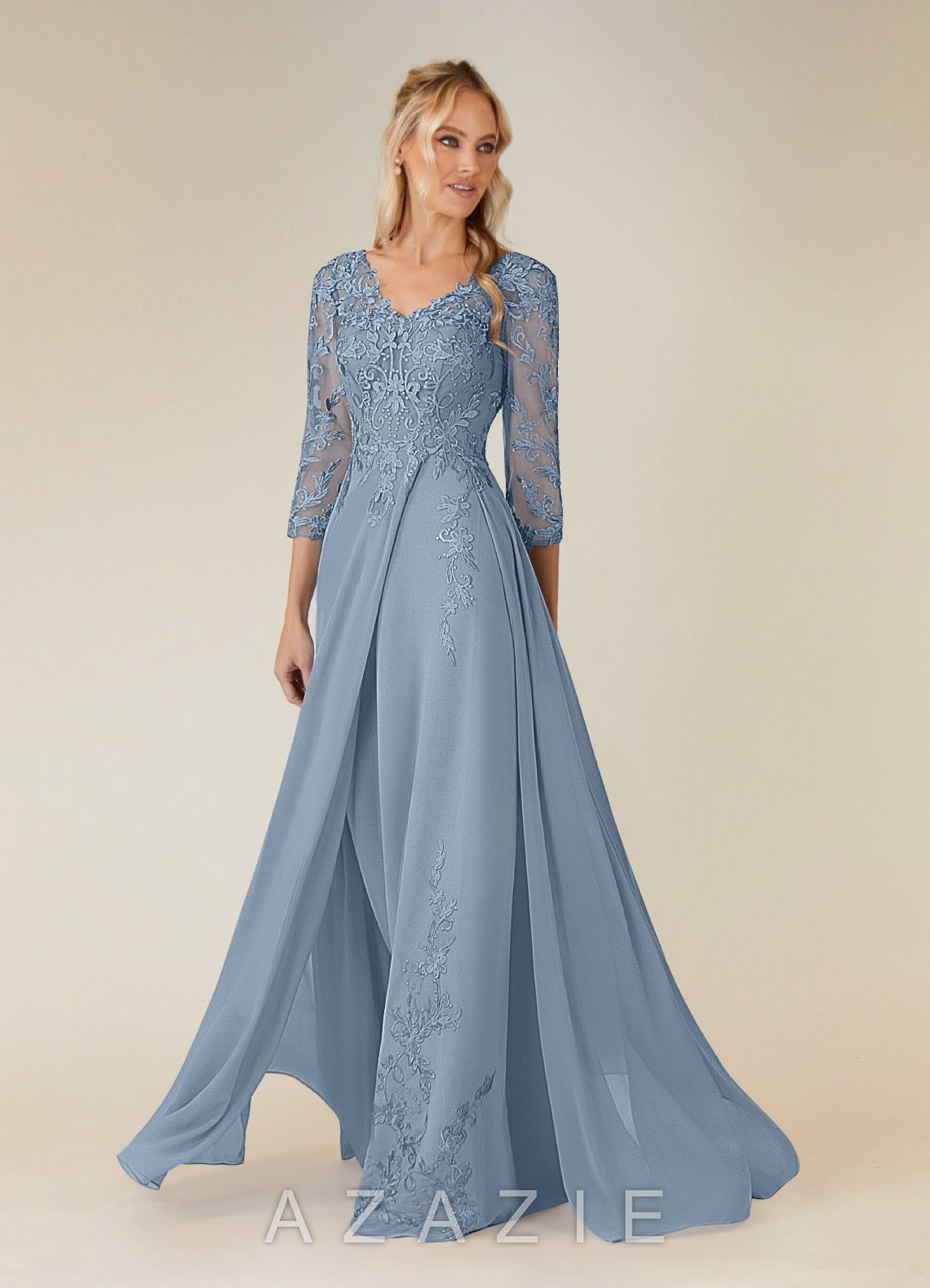 Azazie Noella Dusty Blue A-Line V-Neck Lace Chiffon Dress dusty_blue