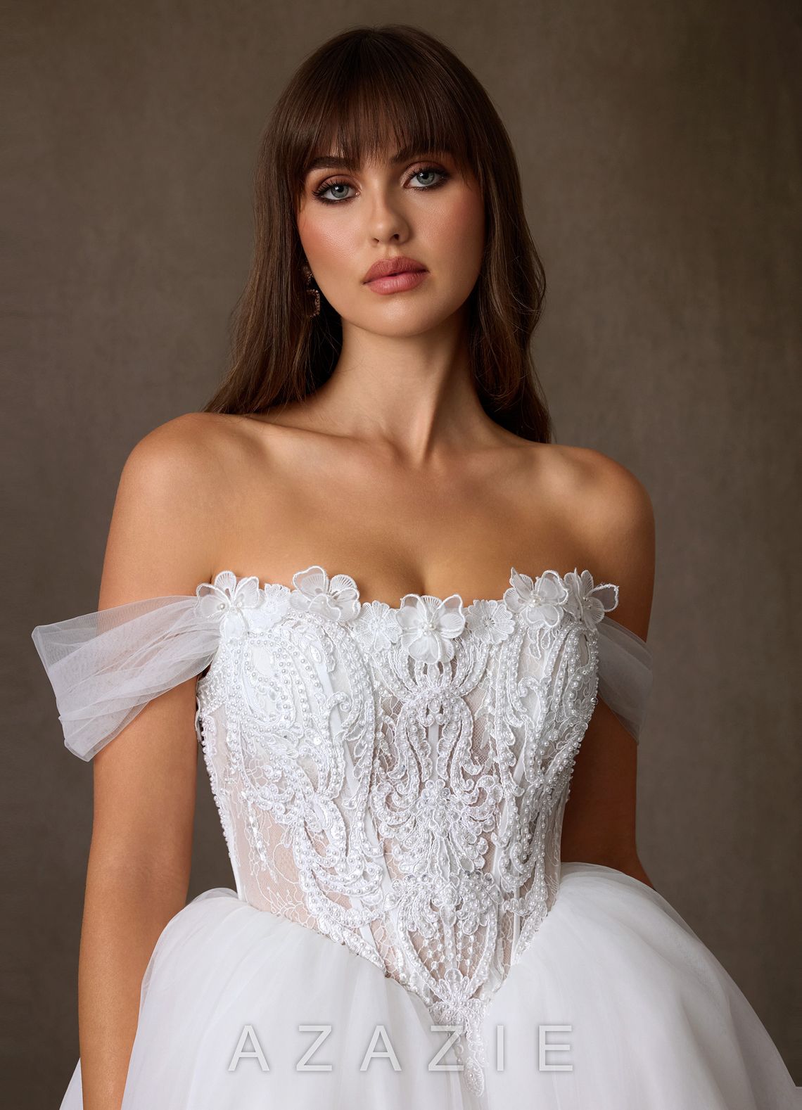 Azazie Sariyah Diamond White Ball-Gown Off the Shoulder Tulle Dress