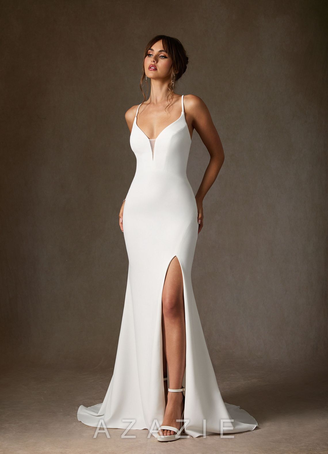 Azazie Iden Diamond White Mermaid V-Neck Stretch Crepe Dress diamond_white