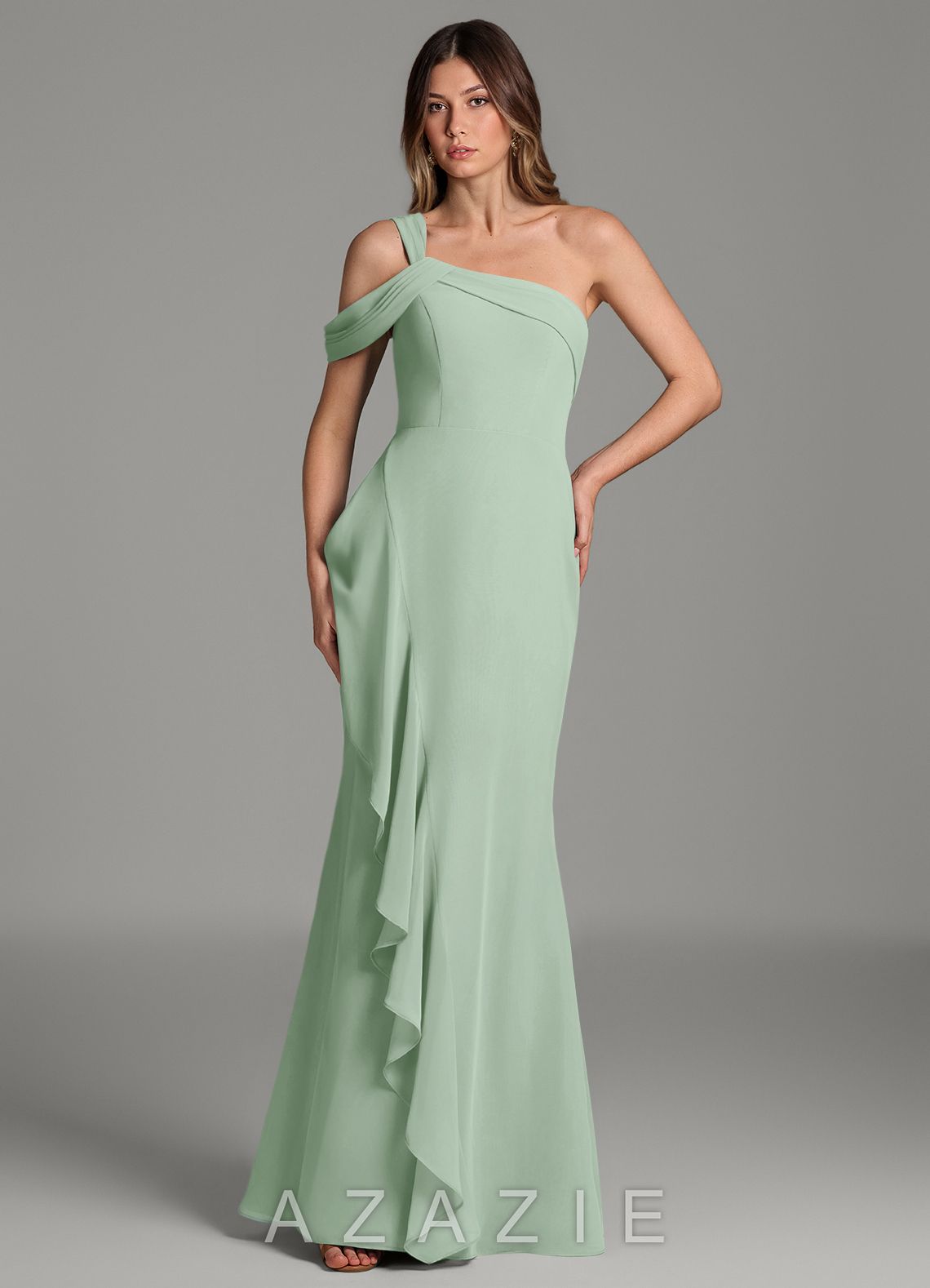 Azazie Ashlynn Agave Mermaid Off the Shoulder Chiffon Dress agave