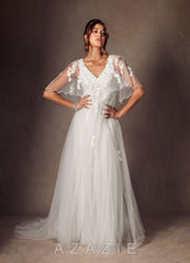 Azazie Renesmee Wedding Dress Diamond White A-Line Sequins Tulle Dress