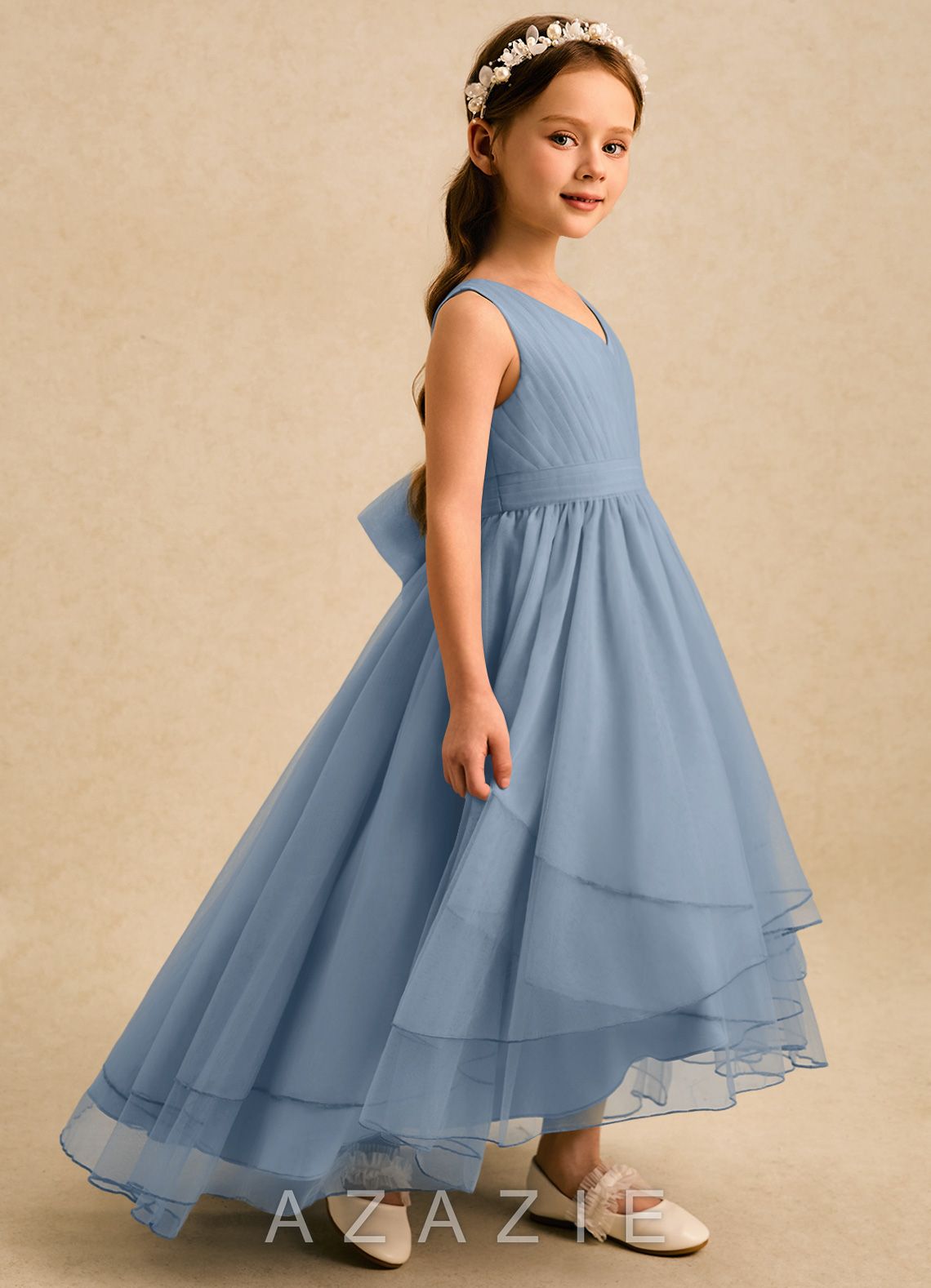 Azazie Seraphina Dusty Blue A-Line Pleated Tulle Dress dusty_blue