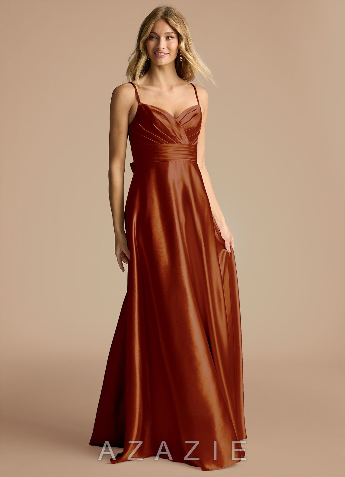 Azazie Oliana Auburn A-Line Sweetheart Neckline Metallic Satin Dress auburn
