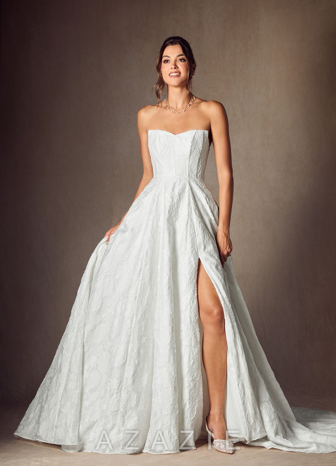 Azazie Gladiola Diamond White Ball-Gown Sweetheart Neckline Floral Burnout Jacquard Dress diamond_white