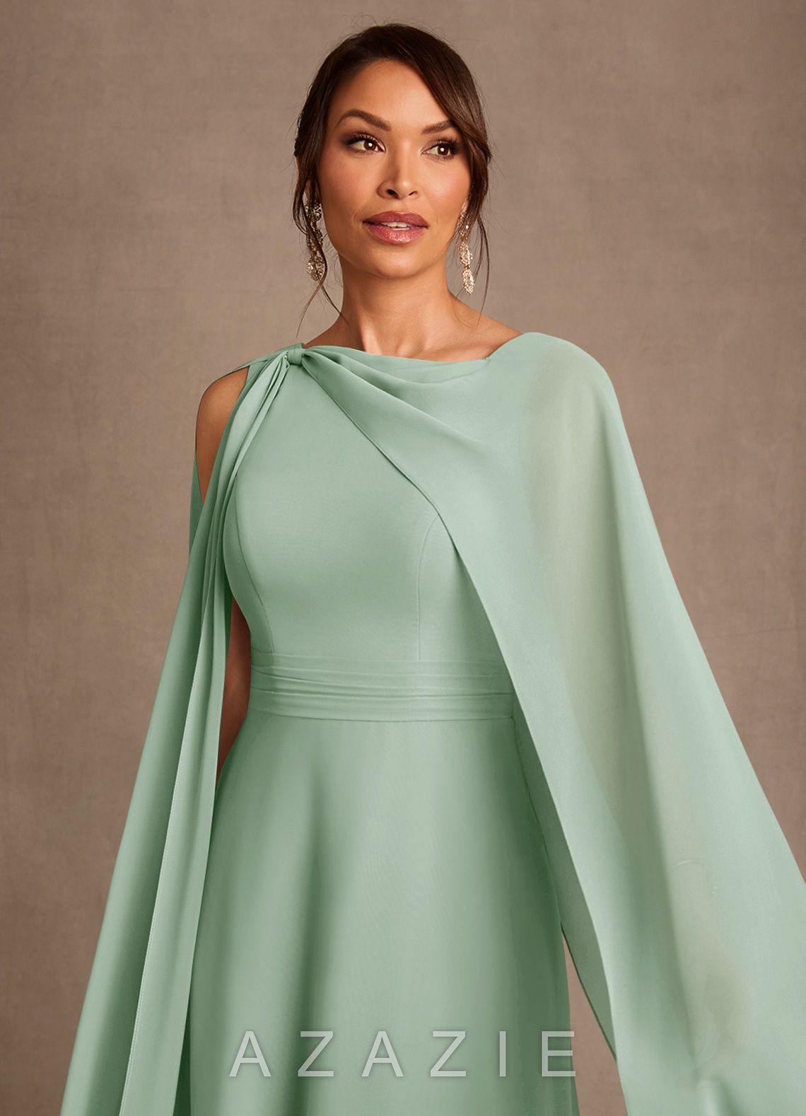 Azazie Liddie Agave A-Line Pleated Chiffon Dress agave
