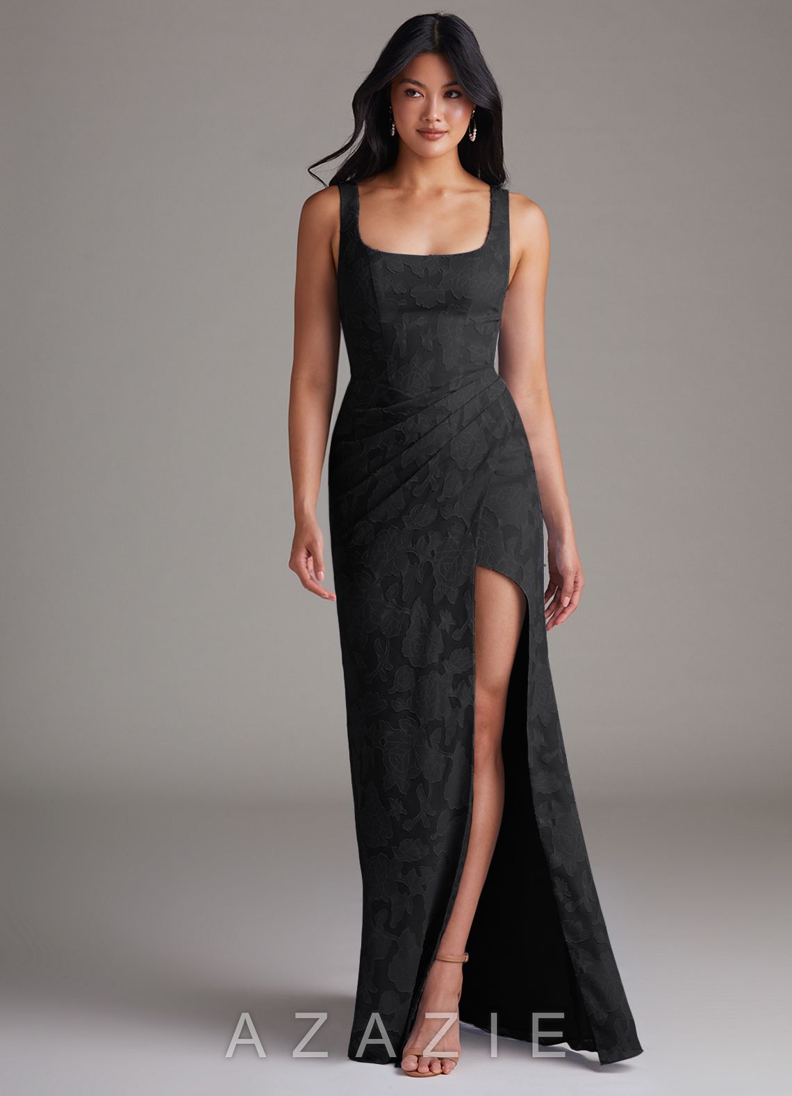 Azazie Mero Black Sheath Pleated Floral Burnout Dress black