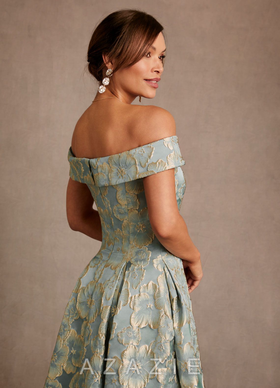 Azazie Centralia Aqua Blue Jacquard A-Line Off the Shoulder Floral Jacquard Dress aqua_blue_jacquard