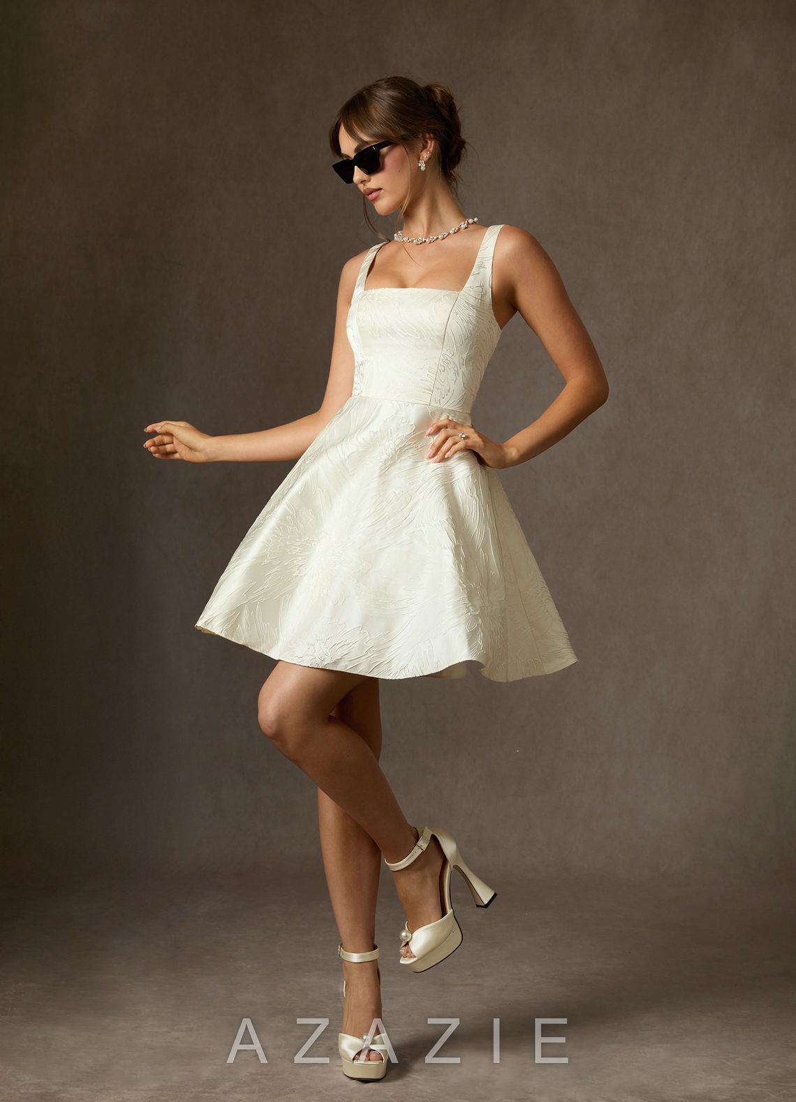 Azazie Regina Antique White A-Line with Pockets Floral Jacquard Dress antique_white