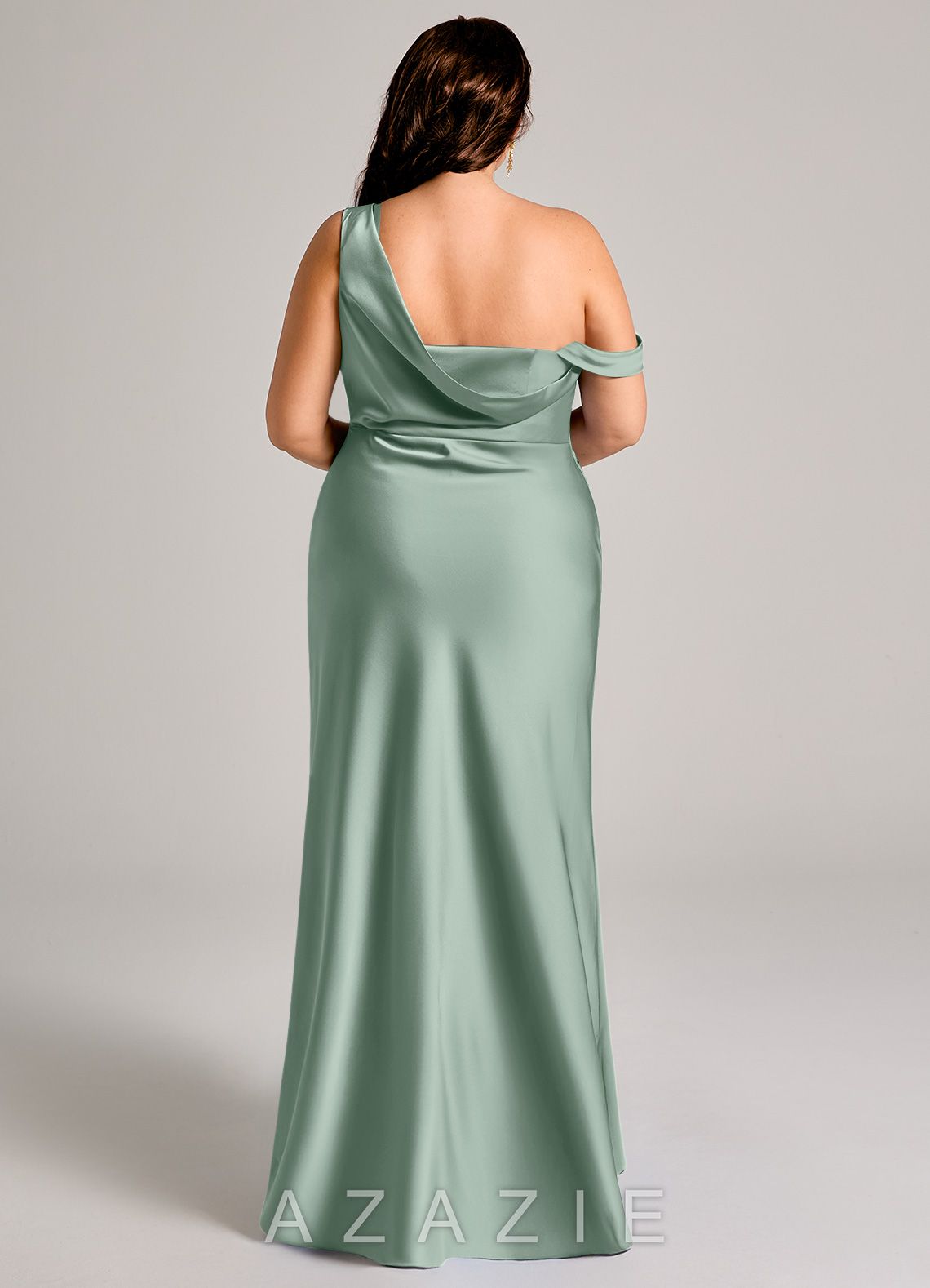 Azazie Madelyn Agave Mermaid One Shoulder Stretch Satin Convertible Dress agave