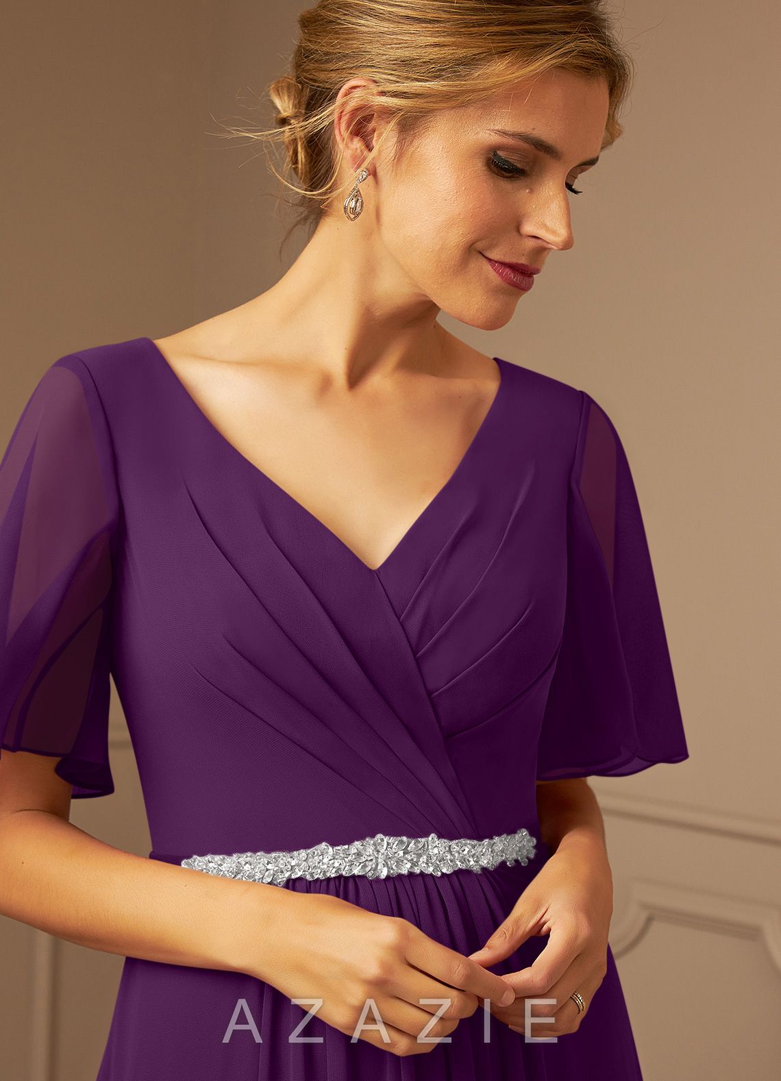 Azazie Tricia Grape A-Line V-Neck Pleated Chiffon Dress grape