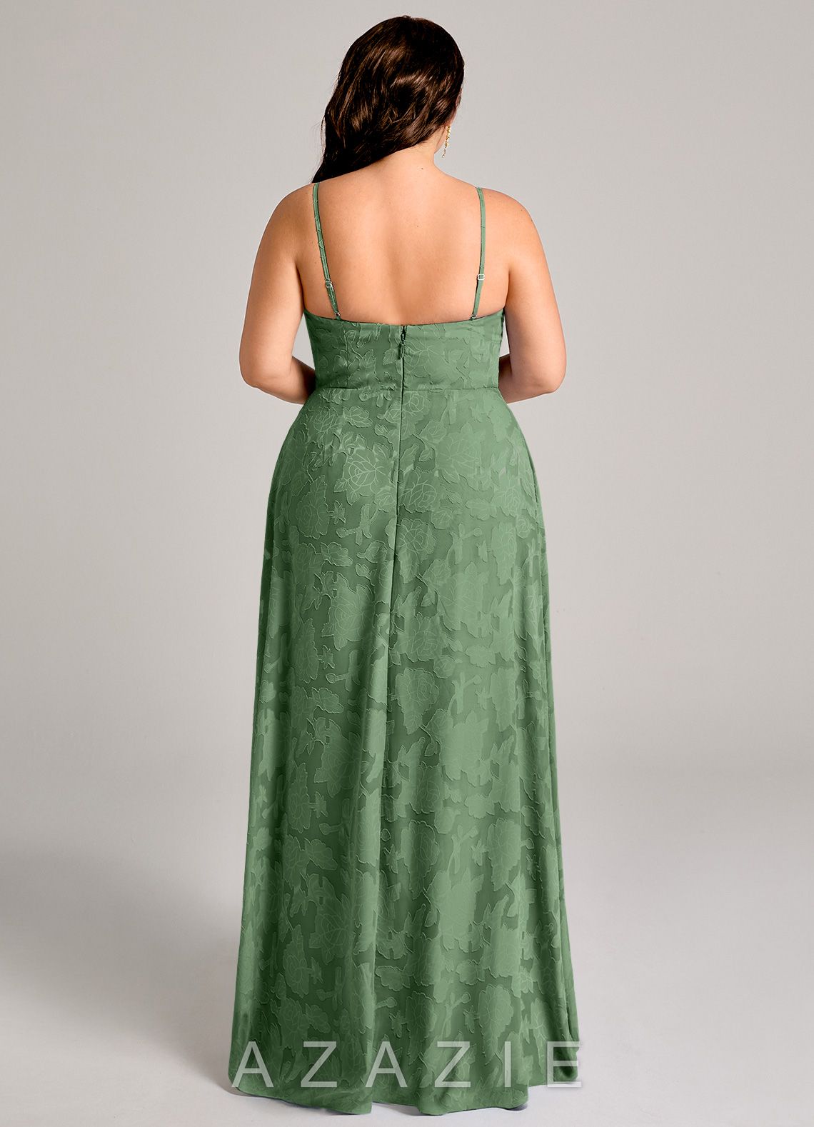 Azazie Moira Eucalyptus A-Line Side Slit Floral Burnout Dress eucalyptus