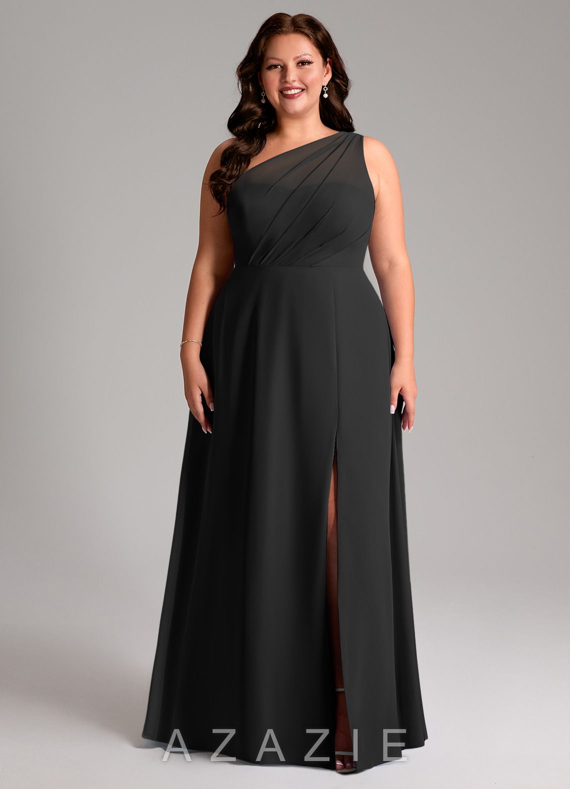 Azazie Phaedra Black A-Line One Shoulder Chiffon Dress black