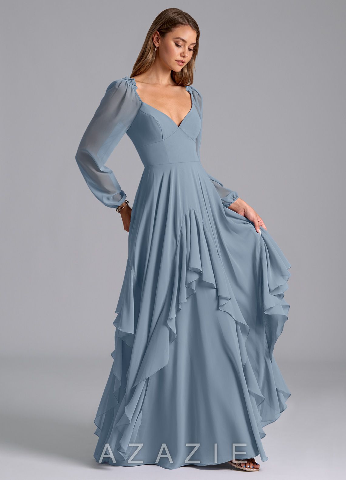 Azazie Karan Dusty Blue A-Line Long Sleeve Chiffon Dress dusty_blue