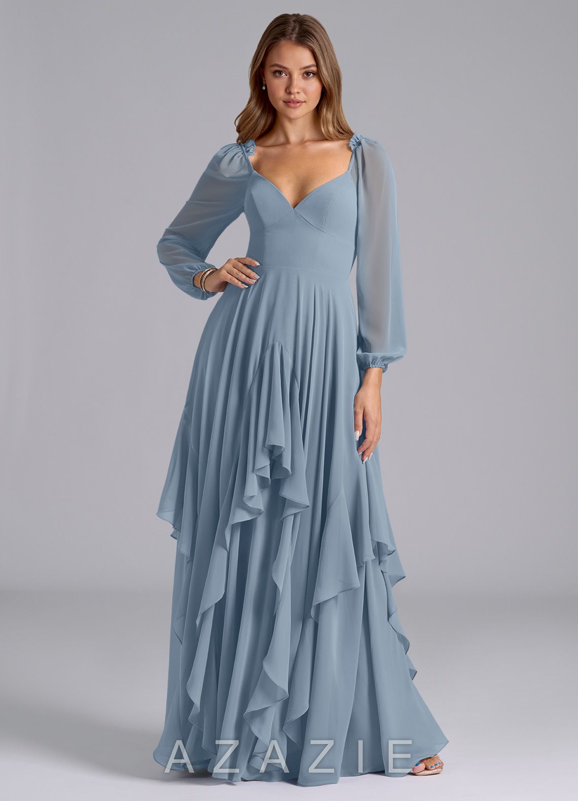 Azazie Karan Dusty Blue A-Line Long Sleeve Chiffon Dress dusty_blue
