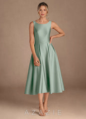 Azazie Fulton Agave A-Line Pleated Stretch Satin Dress agave