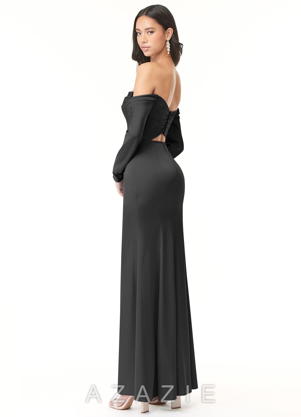 Azazie Hallie Black Mermaid Off-The-Shoulder Long Sleeve Stretch Satin Convertible Dress black