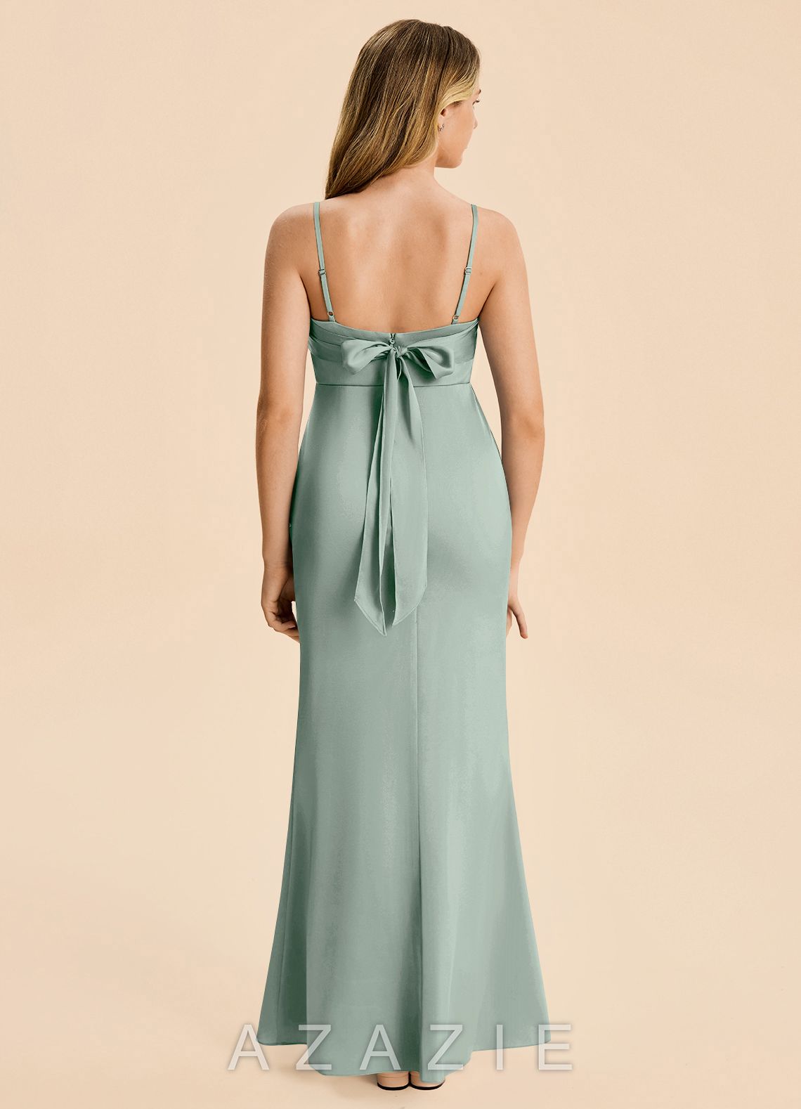 Azazie Mia Junior Agave Mermaid Pleated Stretch Satin Dress agave