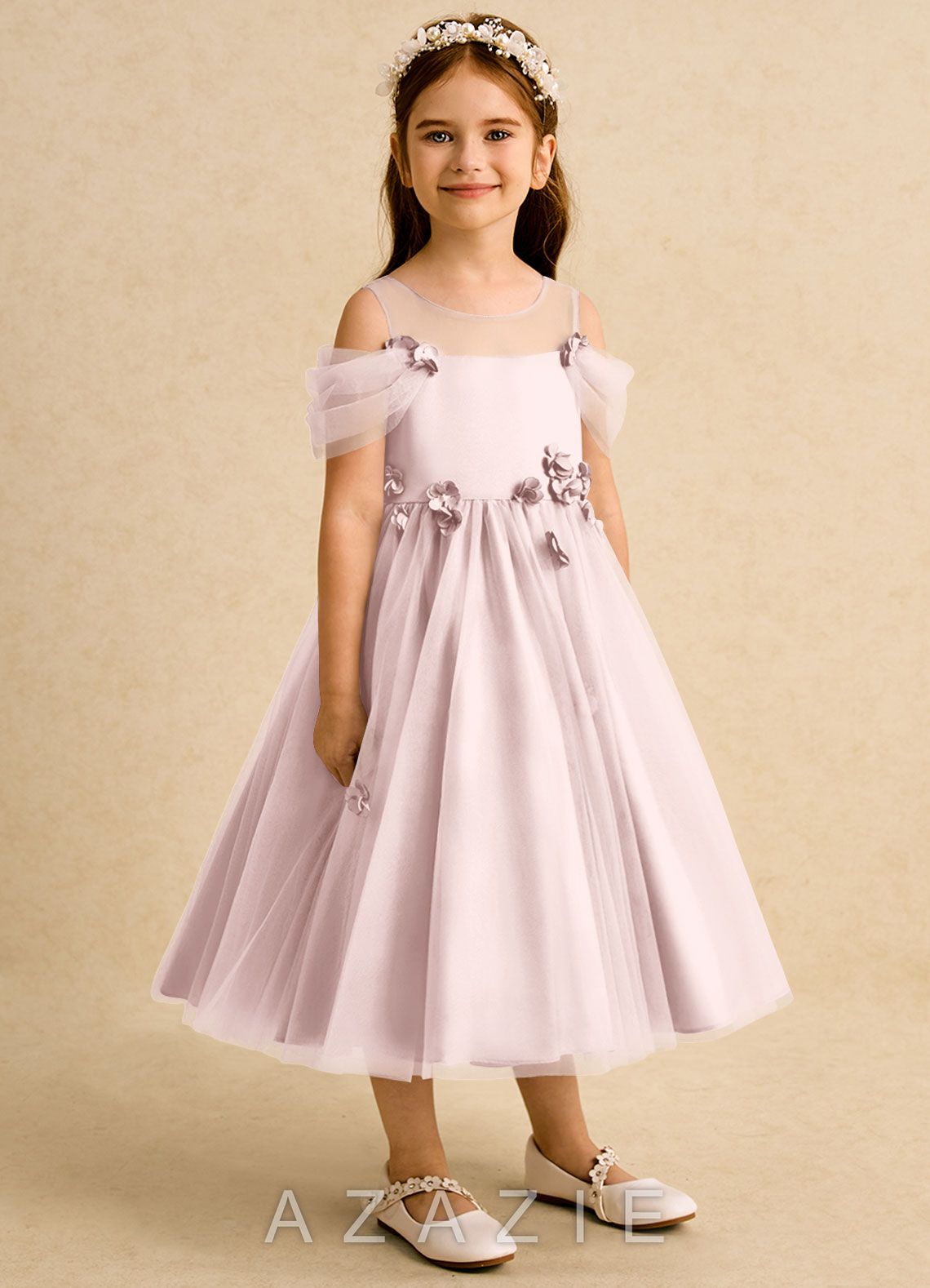 Azazie Juni Blushing Pink Ball-Gown Pleated Tulle Dress blushing_pink