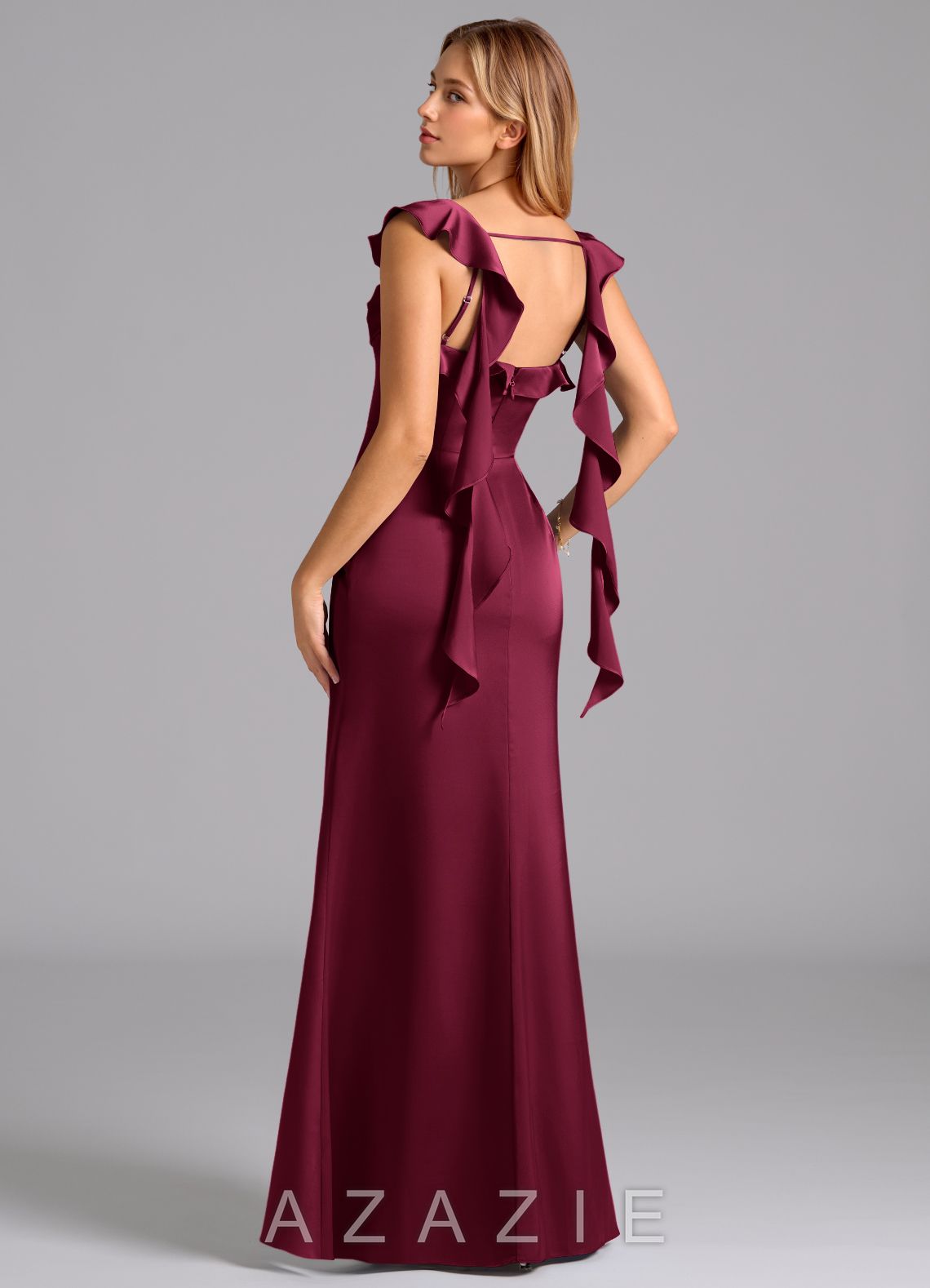 Azazie Adi Burgundy A-Line Pleated Stretch Satin Dress burgundy