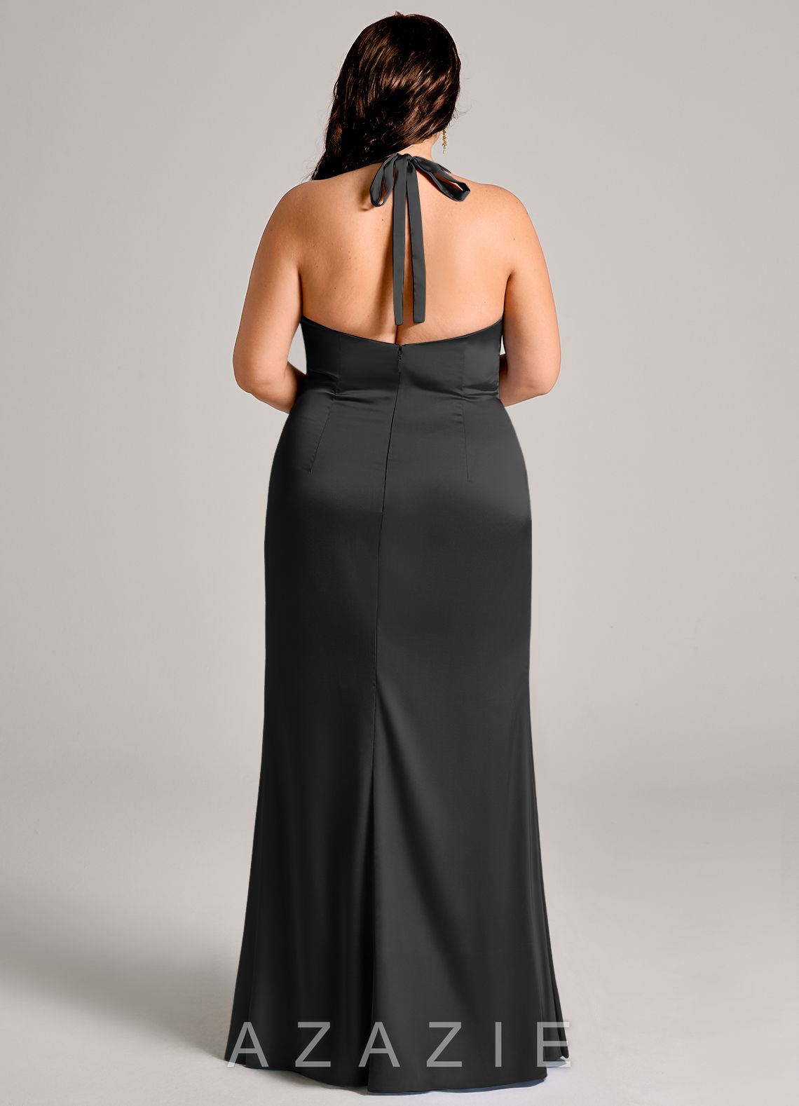 Azazie Valerie Black Mermaid Pleated Stretch Satin Dress black