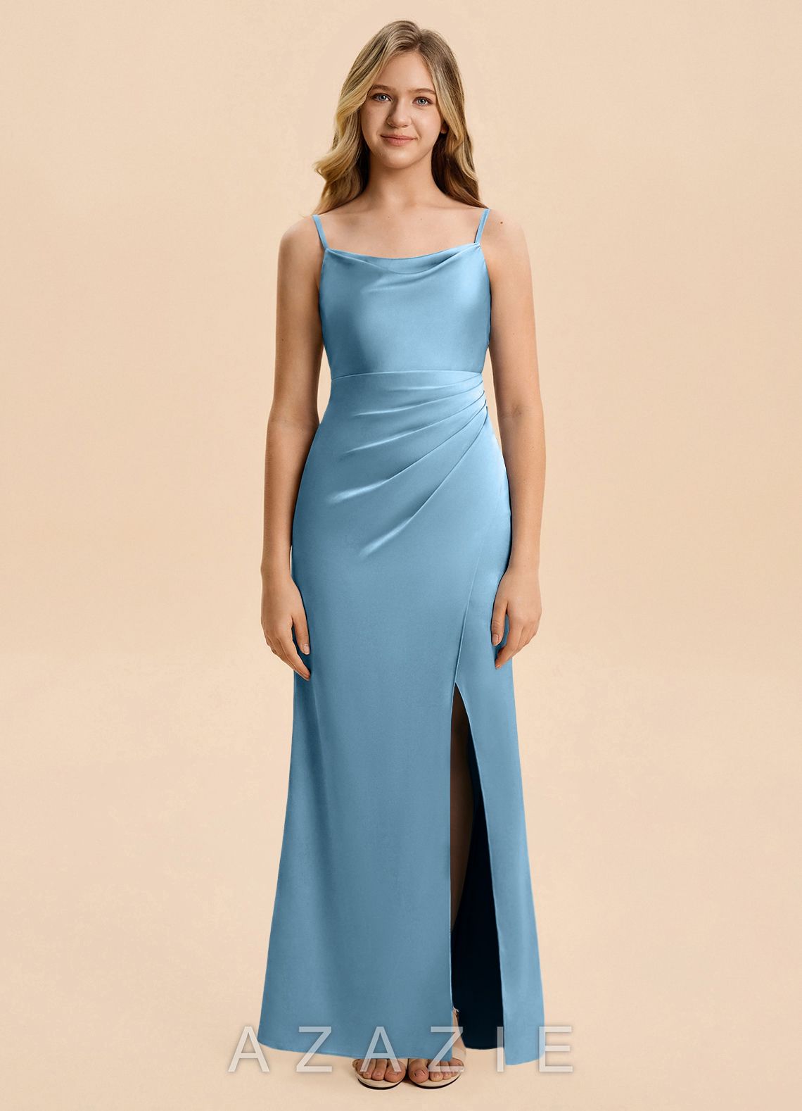 Azazie Christen Junior Steel Blue Sheath Pleated Stretch Satin Dress steel_blue