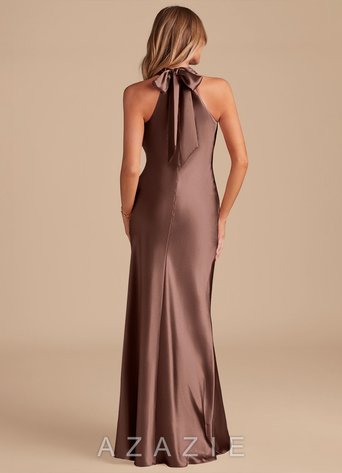 Azazie Doretta Espresso Mermaid Bow Metallic Satin Dress espresso