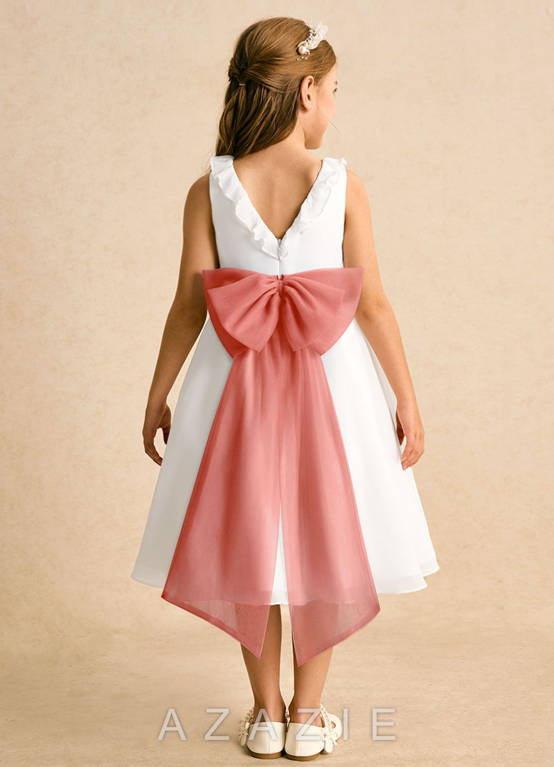 Azazie Dani Ivory Salmon Pink A-Line Bow Chiffon Dress ivory/salmon_pink