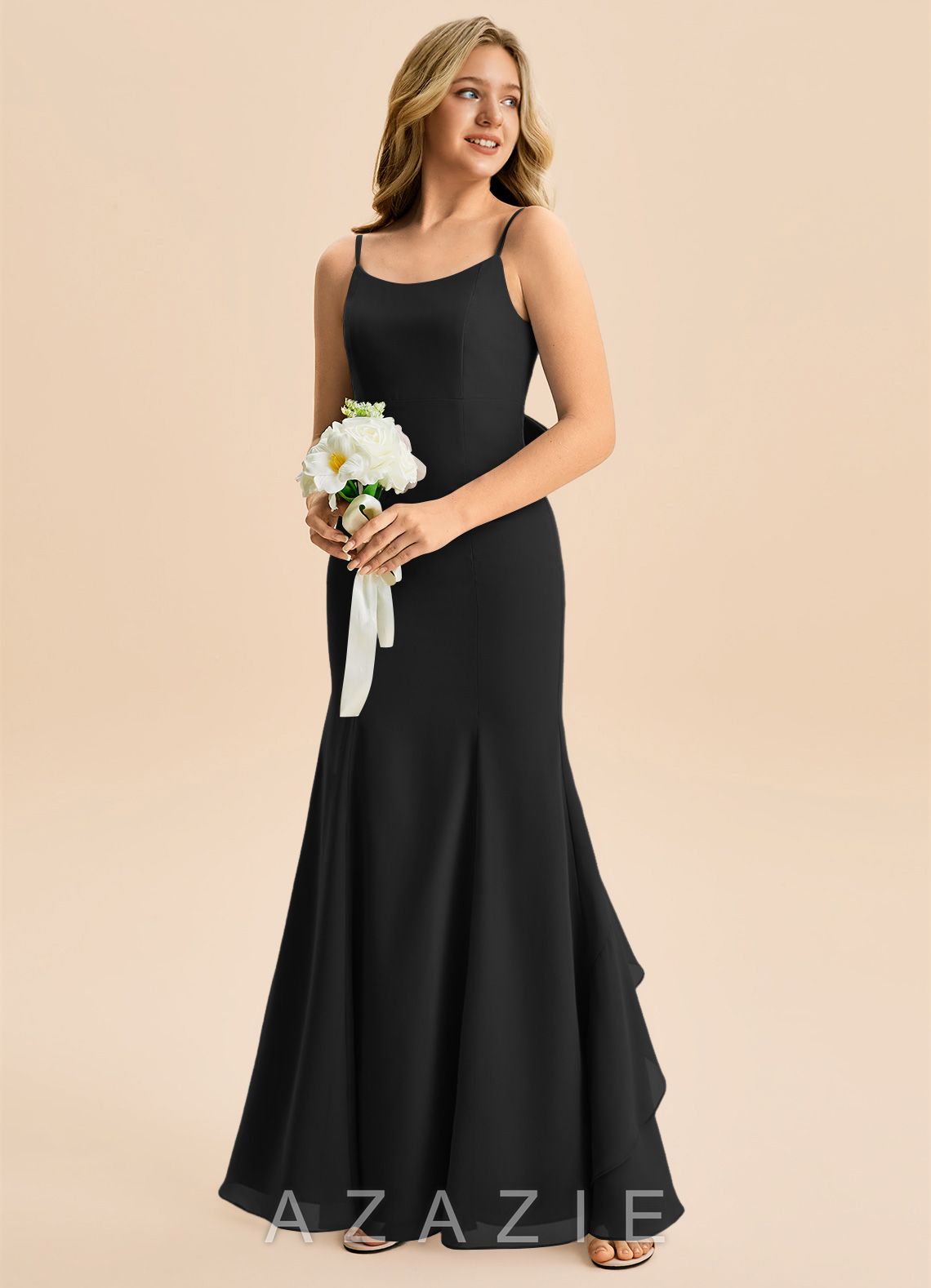 Azazie Lioren Junior Black Mermaid Bow Chiffon Dress black