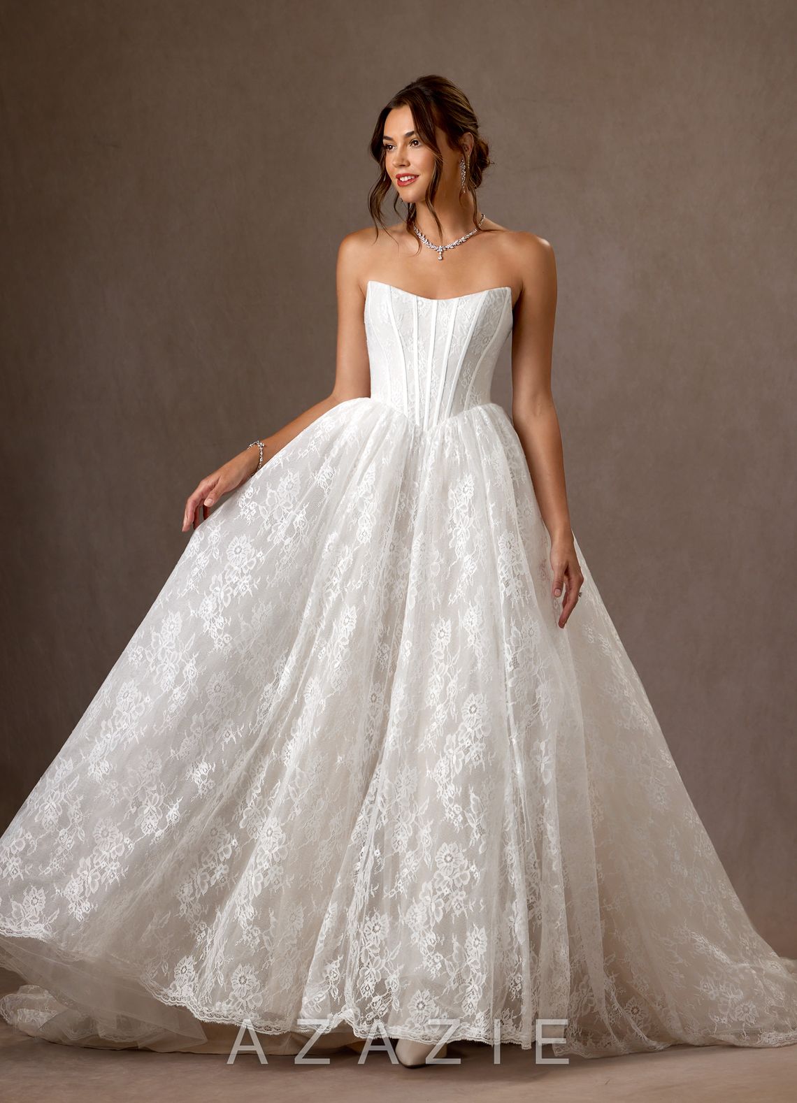 Azazie Demetria Diamond White Ball-Gown Strapless Lace Dress