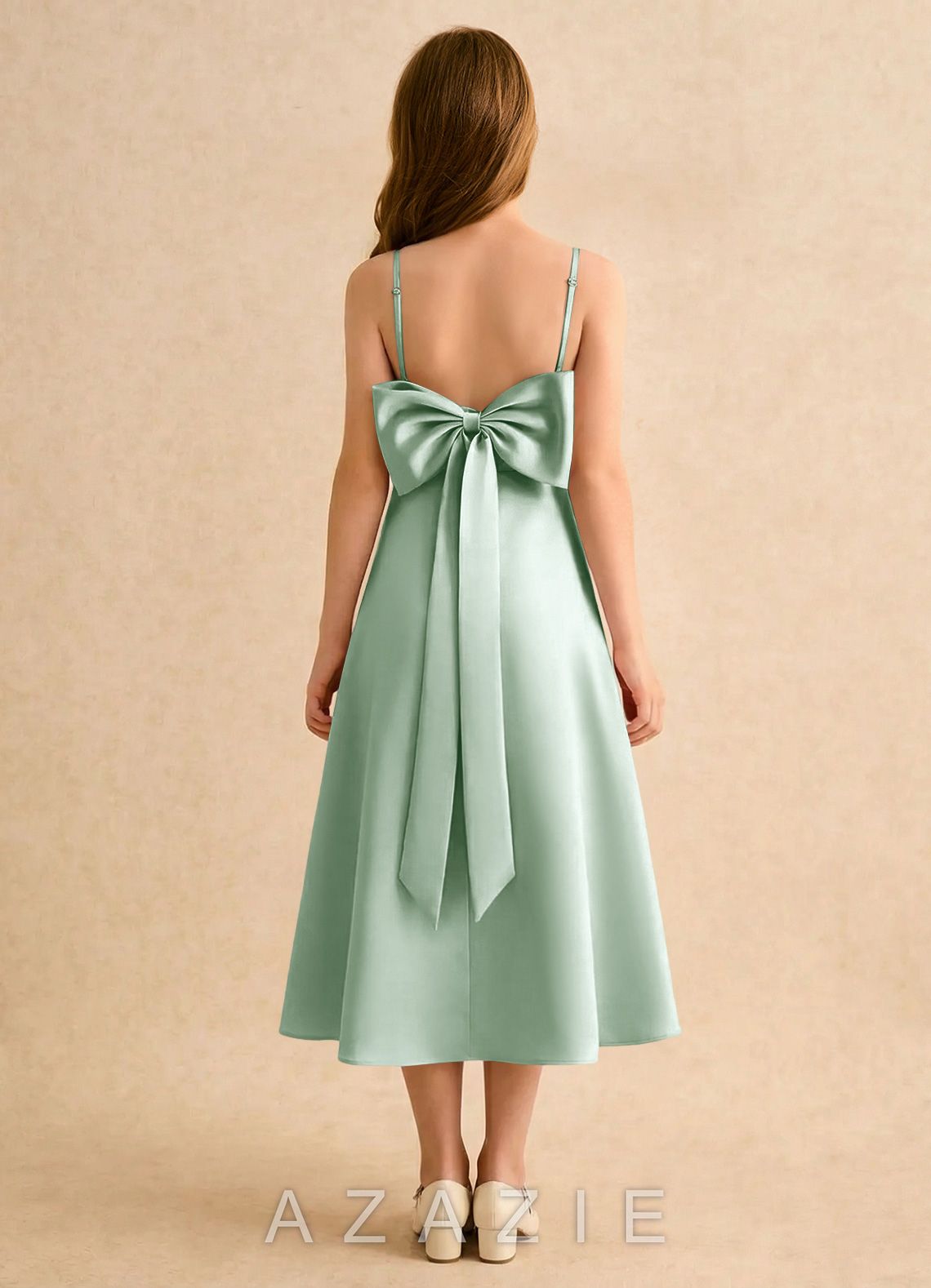 Azazie Jaella Girls Formal Agave A-Line Pleated Matte Satin Dress
