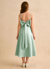 Azazie Jaella Girls Formal Agave A-Line Pleated Matte Satin Dress