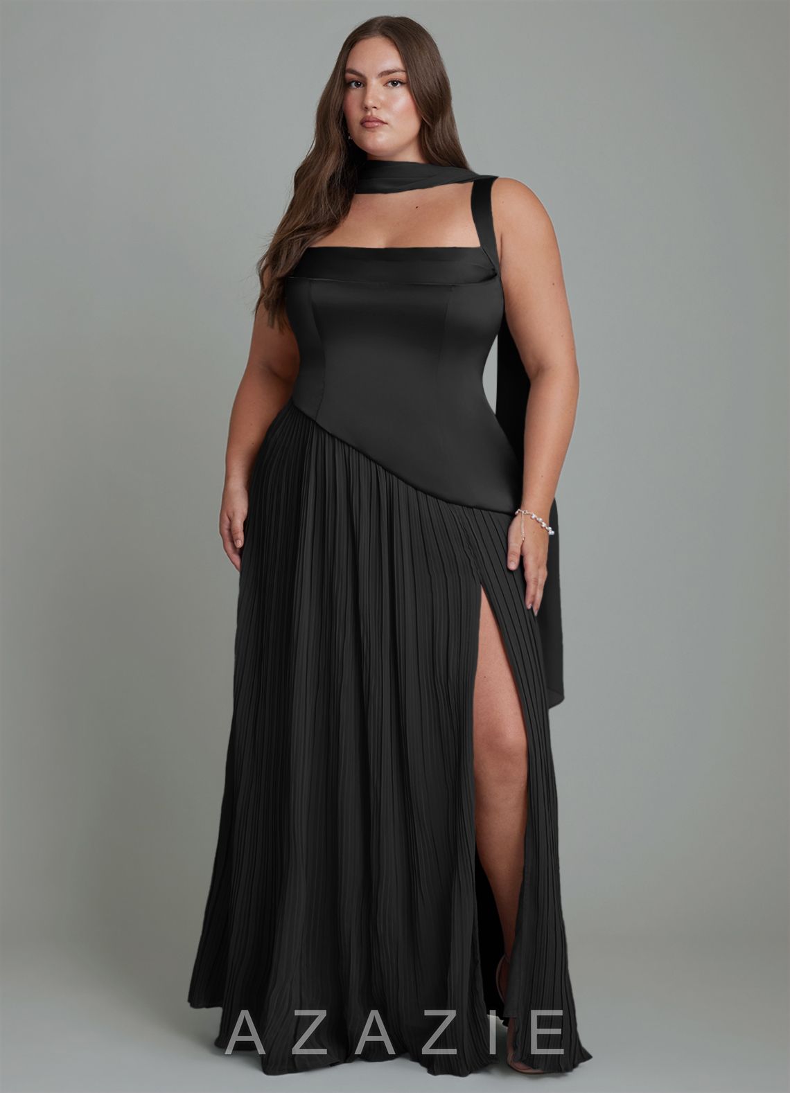 Azazie Stephanie Black A-Line Pleated Stretch Satin Dress black