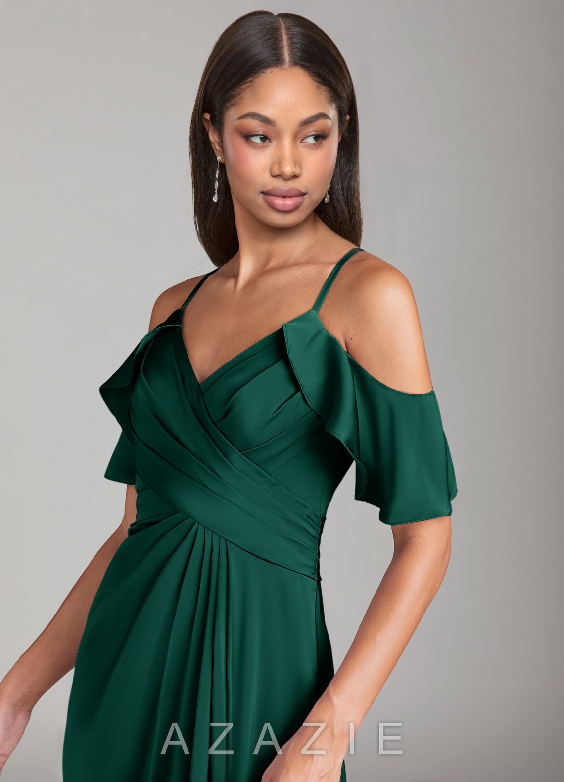 Azazie Dakota Emerald A-Line Off the Shoulder Stretch Satin Dress emerald