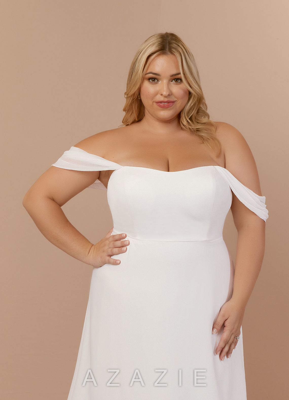 Azazie Ava Wedding Dress Diamond White A-Line Off the Shoulder Stretch Chiffon Dress diamond_white