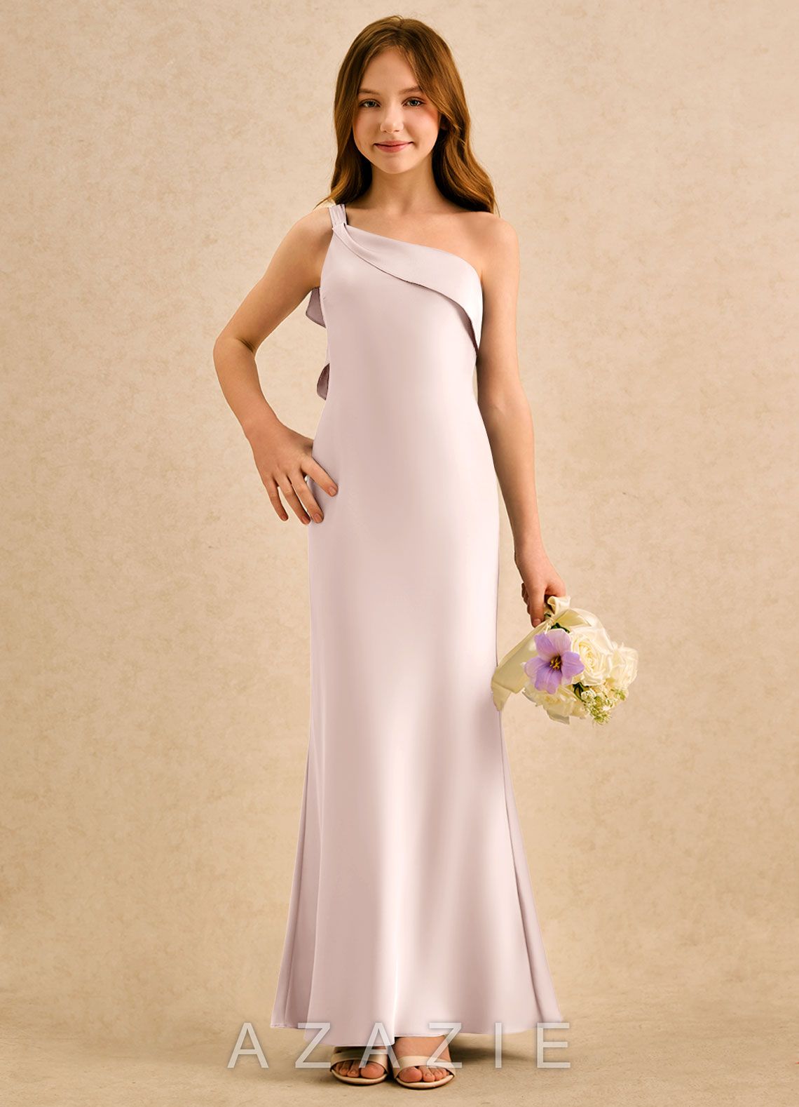 Azazie Almond Girls Formal Blushing Pink Sheath One Shoulder Stretch Satin Dress blushing_pink