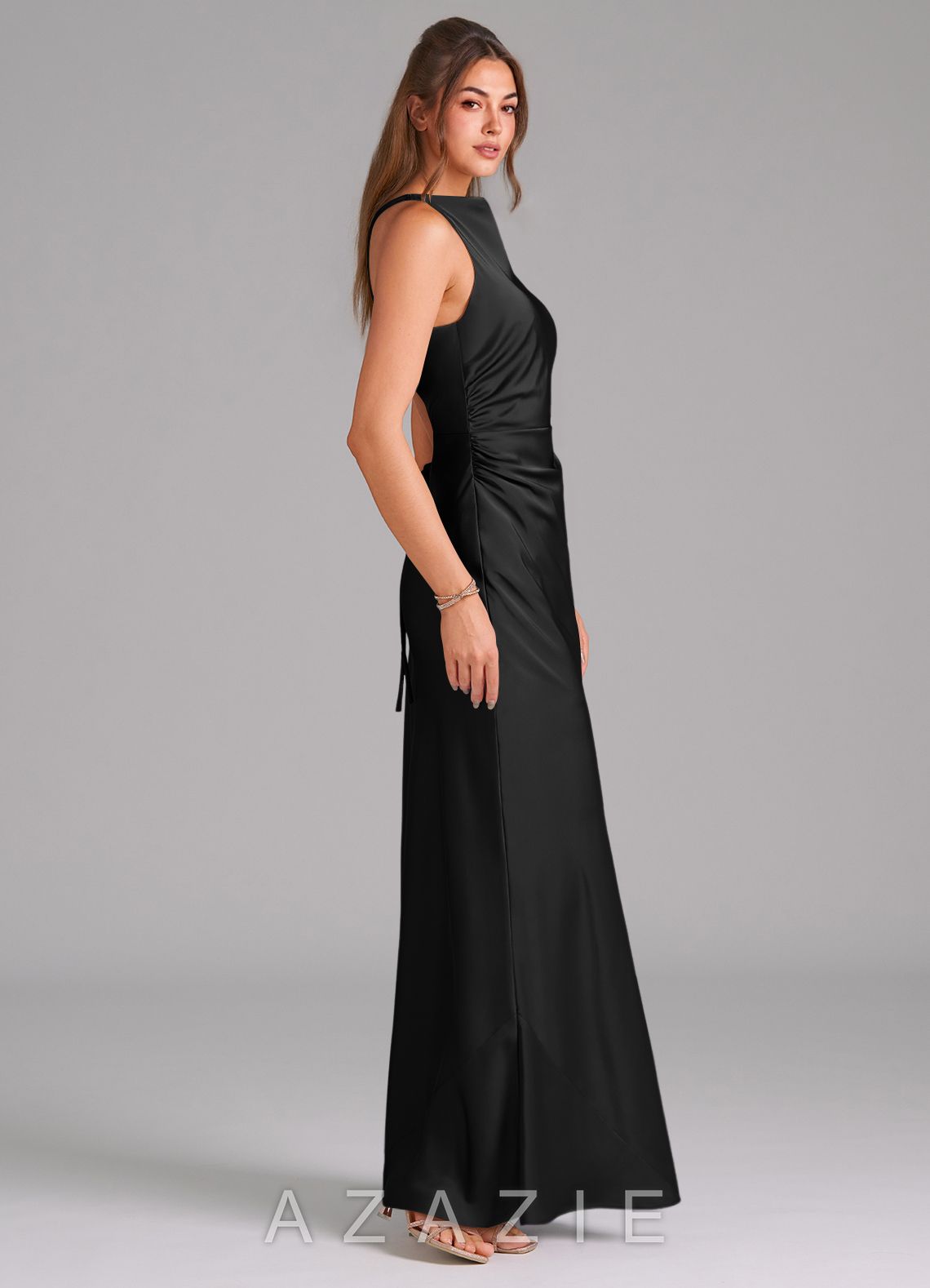 Azazie Evadne Black Sheath Pleated Stretch Satin Dress black