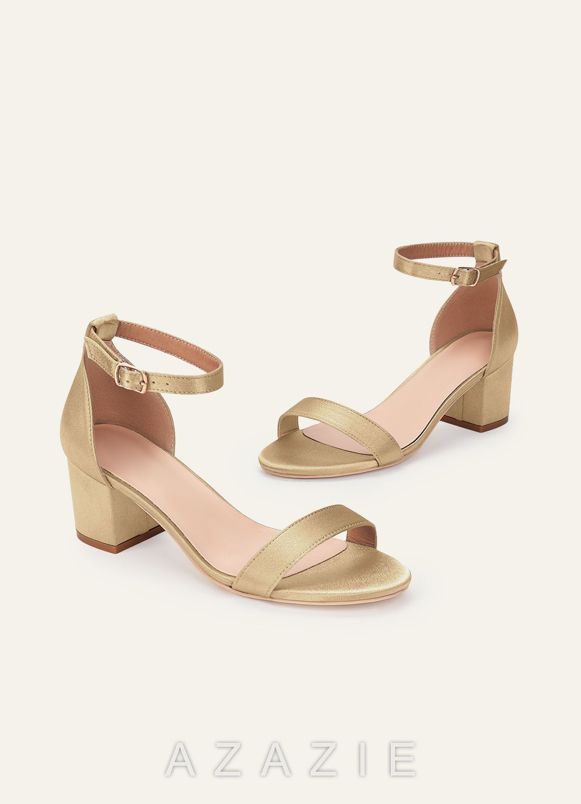 Matching Color Metallic Satin One Strap Buckle Block Heel Sandals  champagne