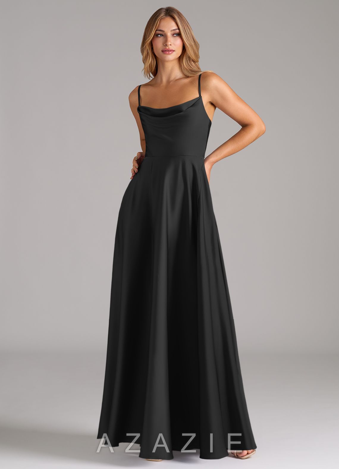 Azazie Elle Black A-Line Pleated Stretch Satin Dress black