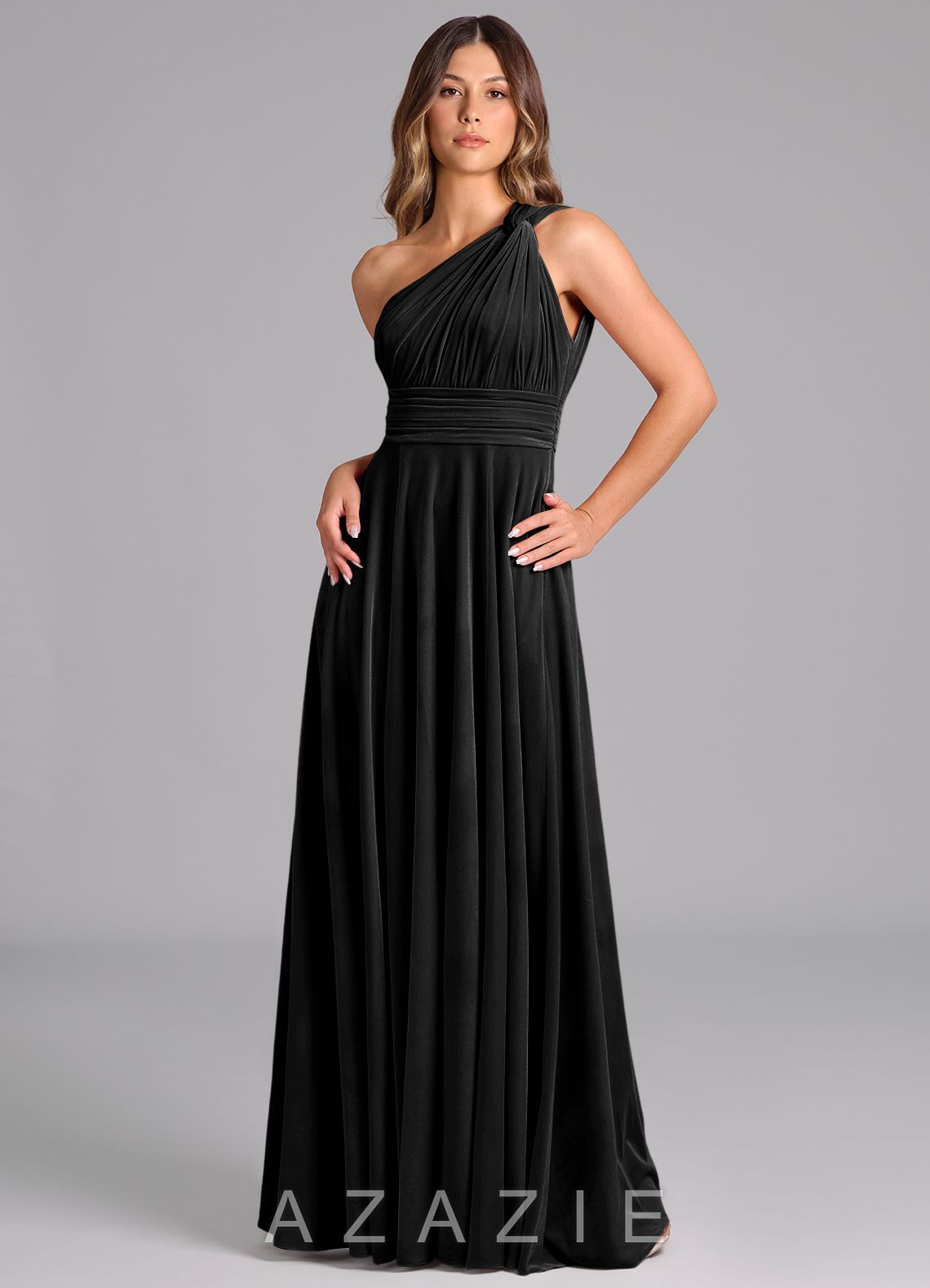 Azazie Charlize Black A-Line One Shoulder Velvet Dress black