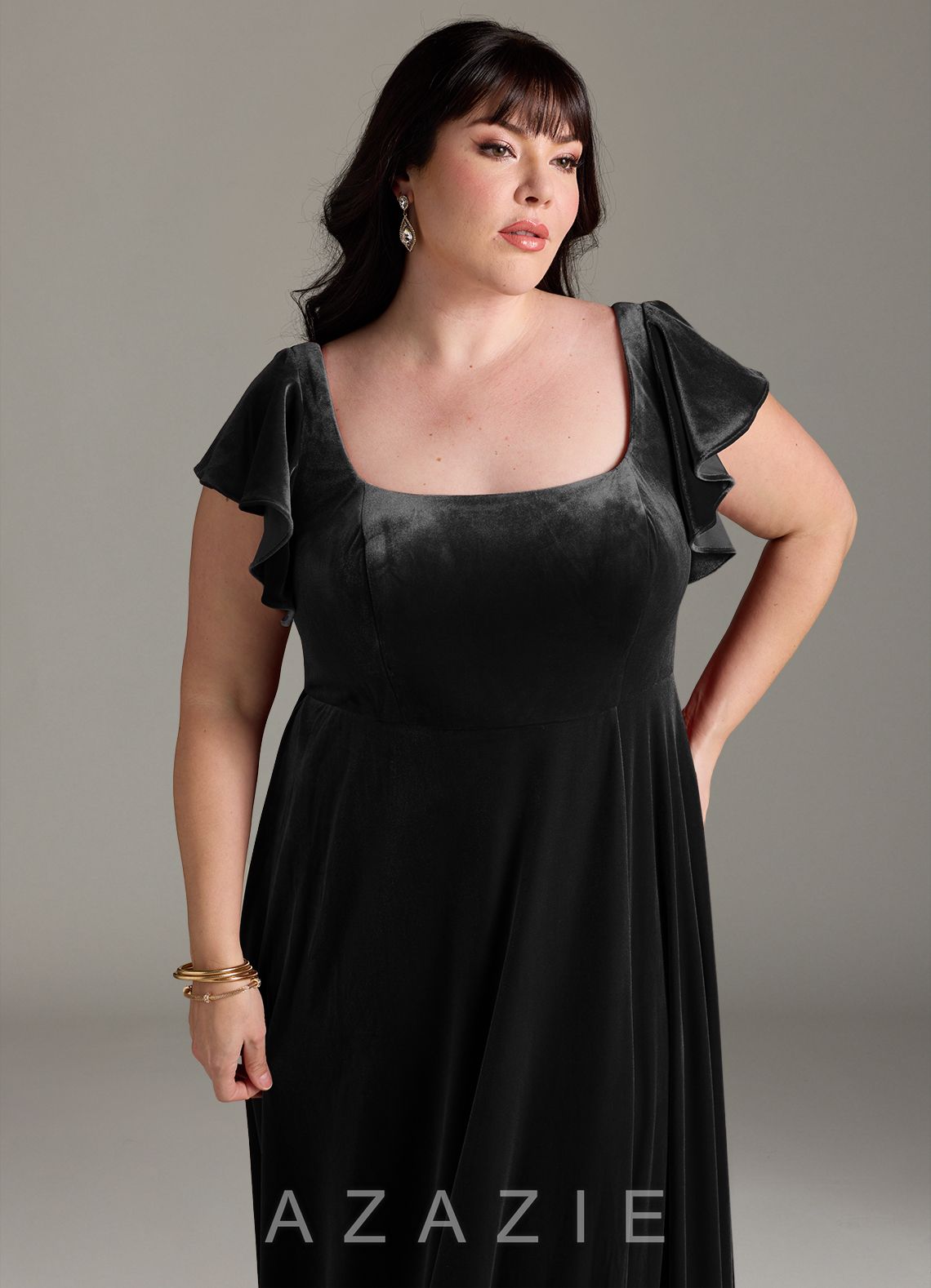 Azazie Bondi Black A-Line Side Slit Velvet Dress black