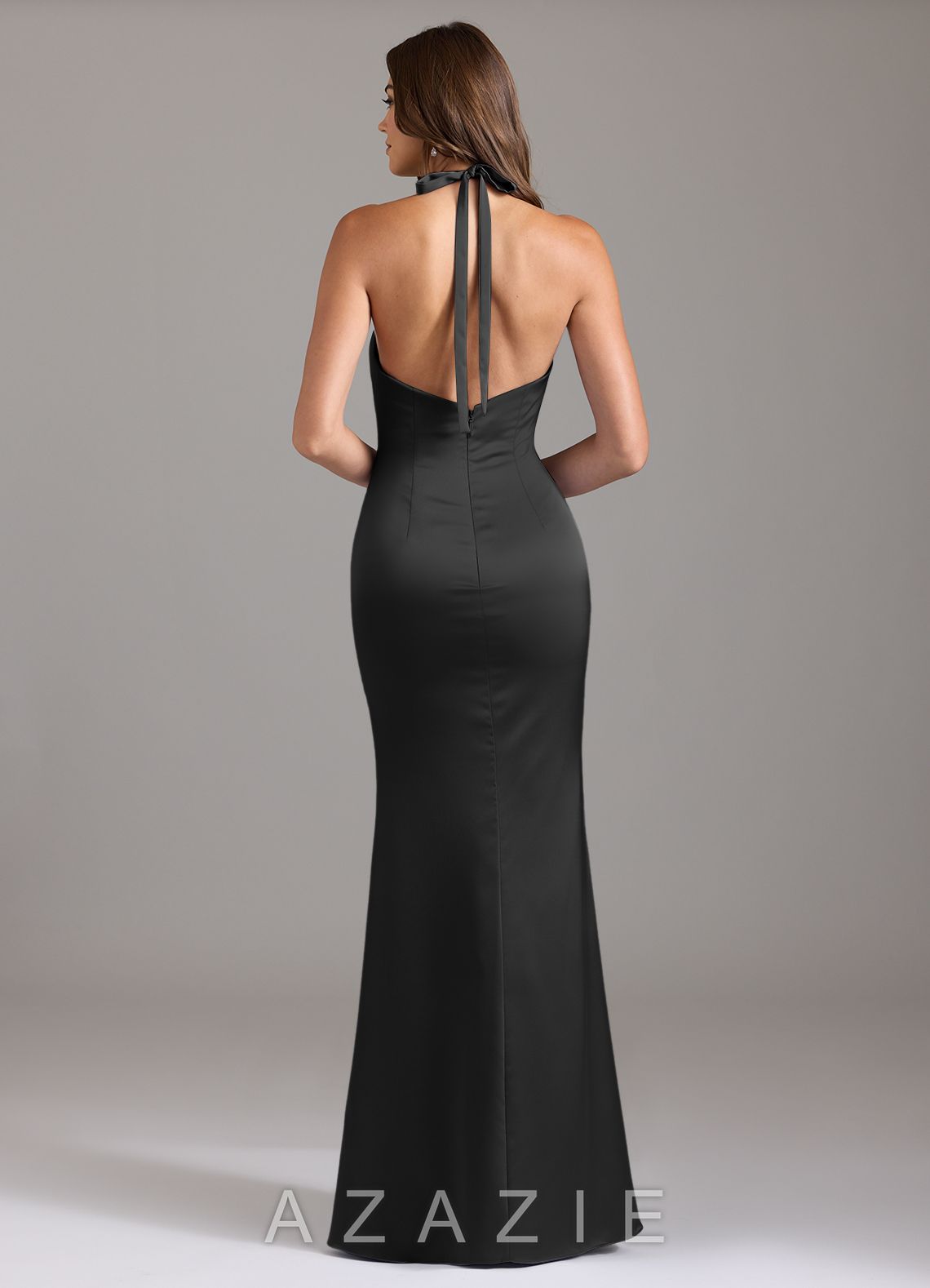 Azazie Valerie Black Mermaid Pleated Stretch Satin Dress black
