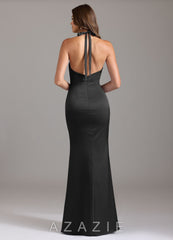 Azazie Valerie Black Mermaid Pleated Stretch Satin Dress black