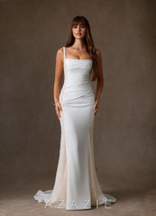 Azazie Shauna Diamond White Champagne Sheath Square Neckline Crepe Back Satin Dress diamond_white/champagne