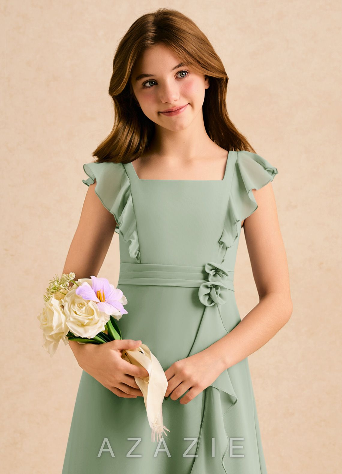 Azazie Soso Girls Formal Dusty Sage A-Line Pleated Chiffon Dress dusty_sage