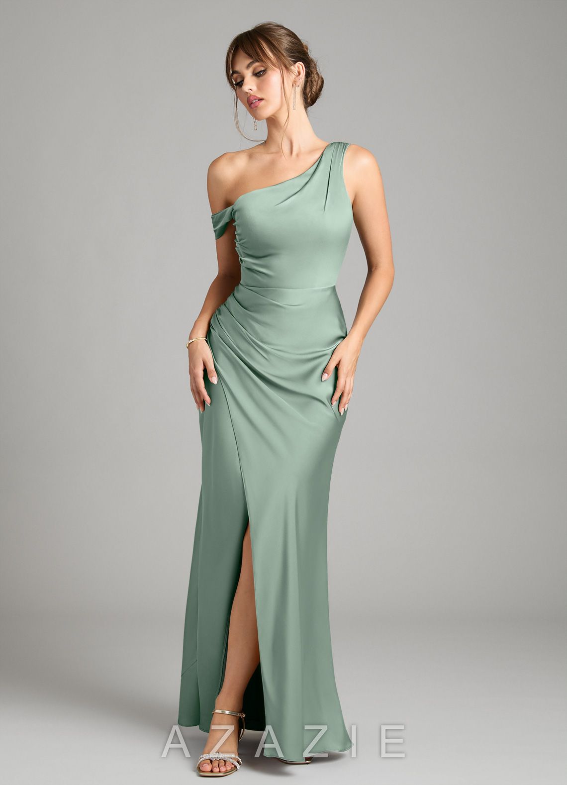 Azazie Madelyn Agave Mermaid One Shoulder Stretch Satin Convertible Dress