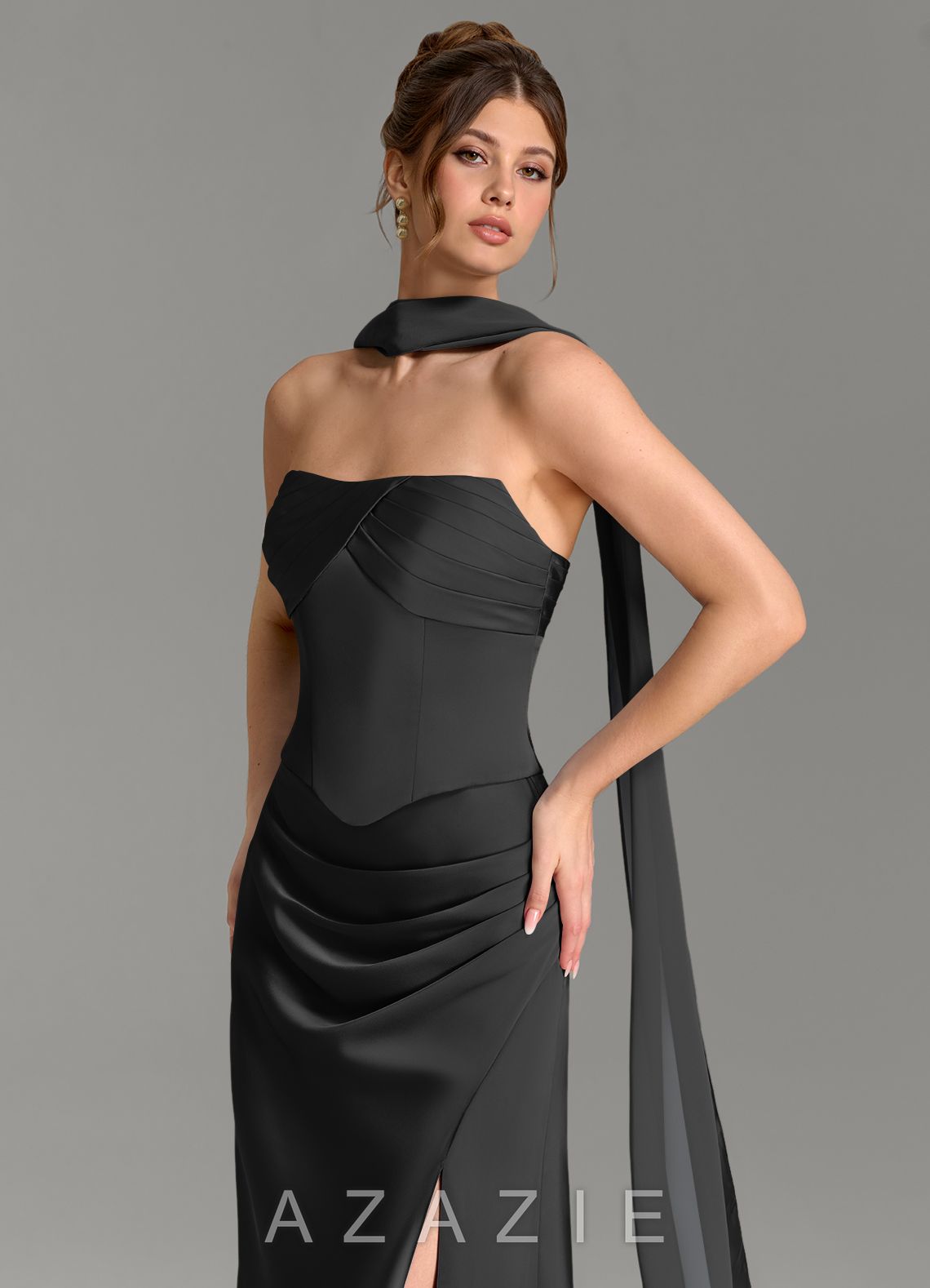 Azazie Nicki Black Sheath Corset Stretch Satin Dress black