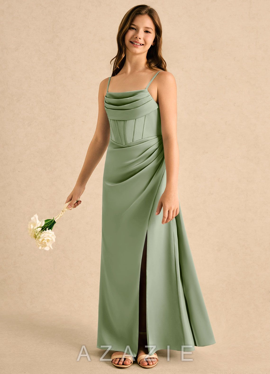 Azazie Lexy Girls Formal Dusty Sage A-Line Pleated Stretch Satin Dress dusty_sage